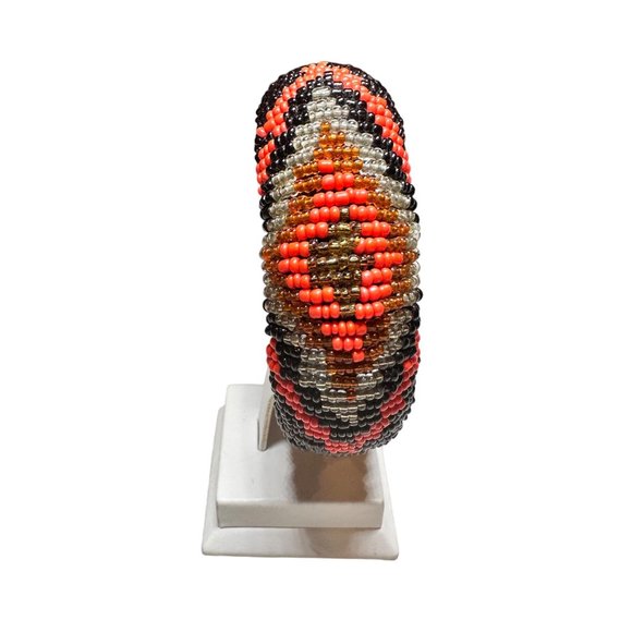 Aztec Pattern Black and Orange Beaded Bangle Statement Bracelet - Picture 7 of 8